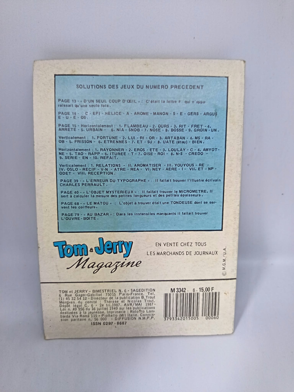Dos du Tom & Jerry n°6 avec les solutions des jeux et les mentions d'édition